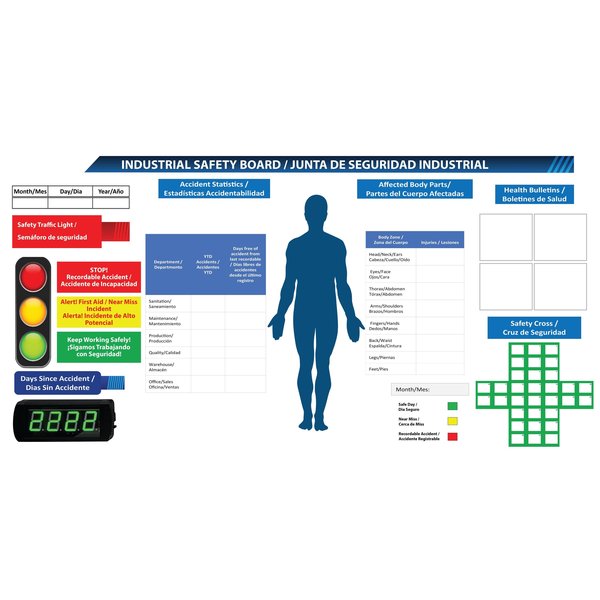 5S Supplies Safety Board Aluminum Dry Erase 96in x 46in With Traffic Light and LED Automatic Counter INDSAFE-9446-DRYERASE